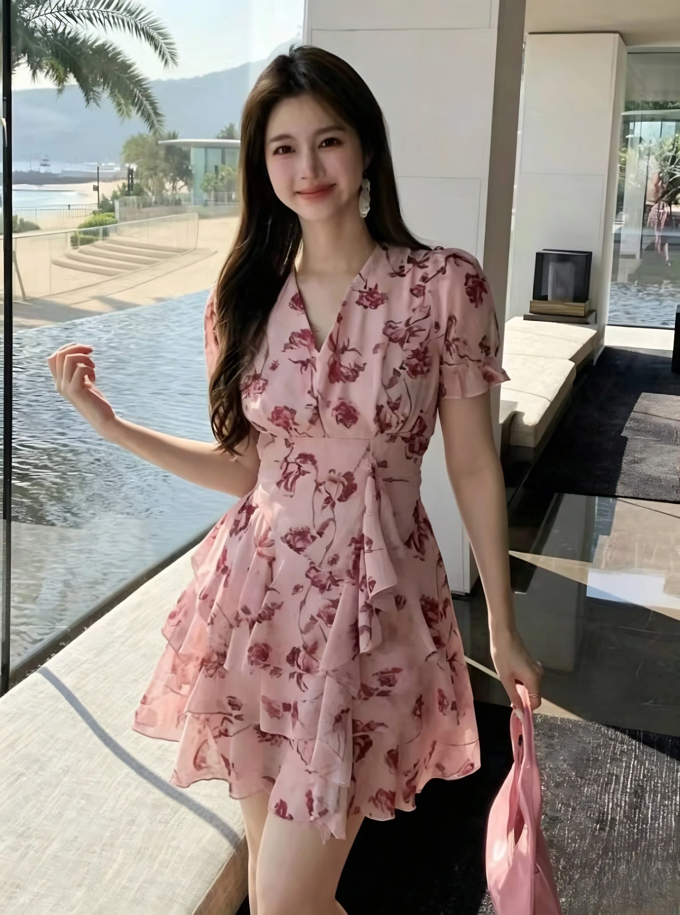 Women Floral Print Mini Dress V Neck Short Puff Sleeve Ruffle Layered Chiffon Dress Summer Casual Beach Party Short Dresses For