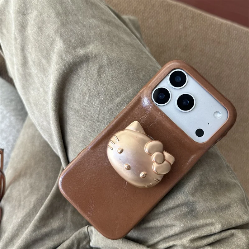 حافظة هاتف جلدية بنية عصرية لهاتف آيفون 17 برو 16 15 14 برو ماكس مع حامل هلوكيتي ذهبي حافظات حماية لطيفة فوندا #5