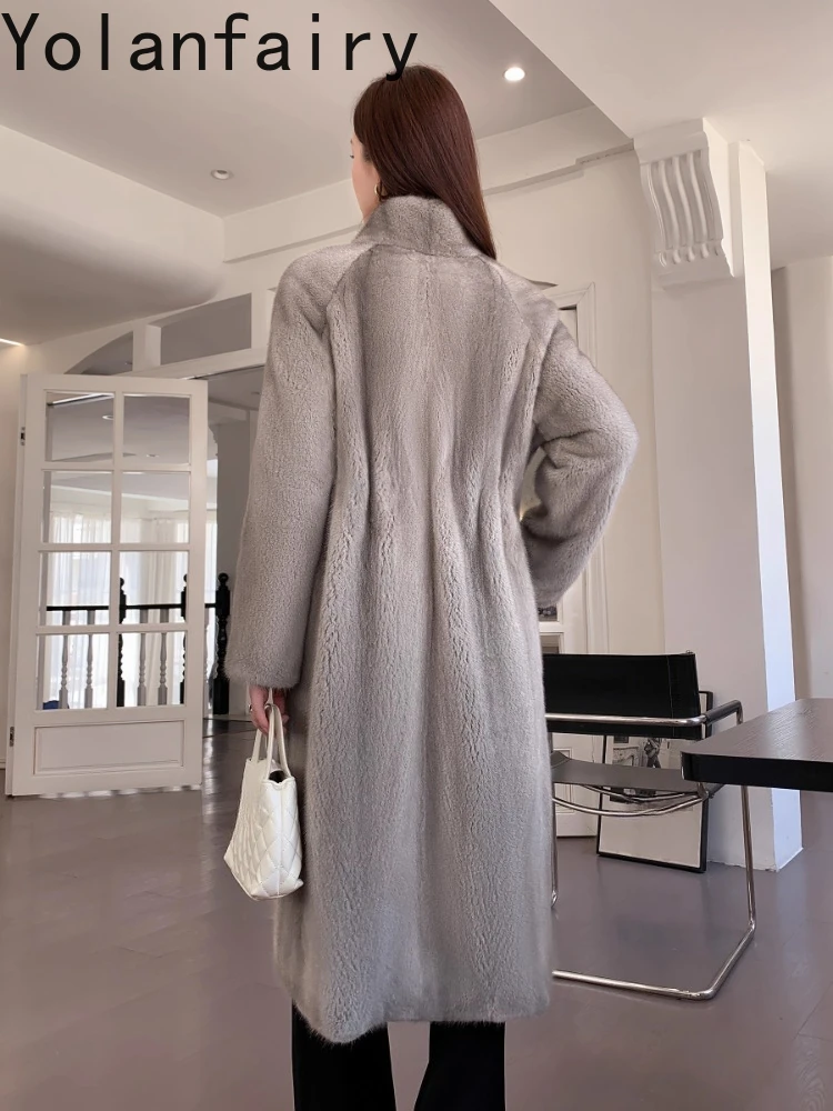 YOLANFAIRY سترات من فرو المنك بالكامل الحقيقي للنساء لشتاء 2025 معطف فرو طبيعي متوسط الطول بياقة واقفة أنيقة Casaco Feminino #2