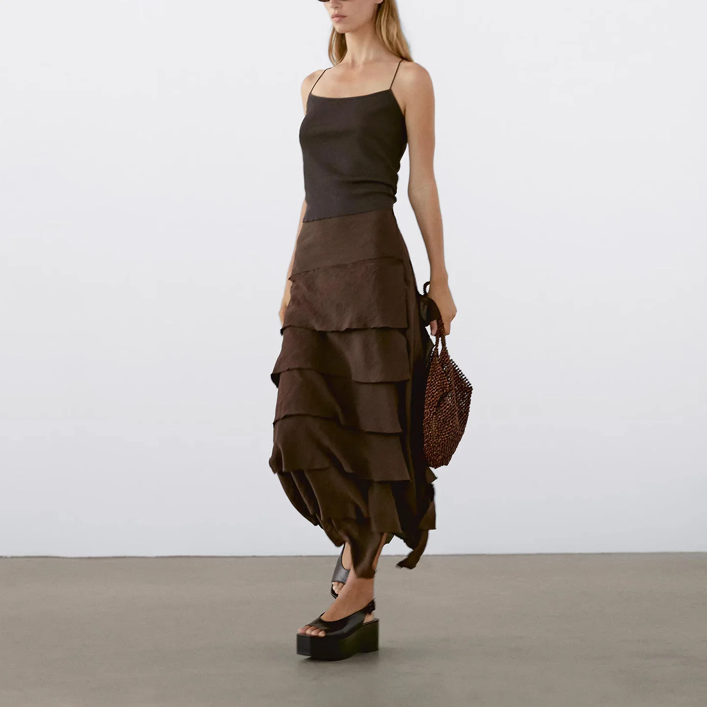 Ele – jupe mi-longue pour femmes, gâteau moelleux, longueur f, robe à dérive, Fiber de Polyester, Design décontracté, taille moyenne, été 2025