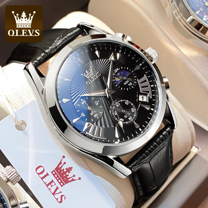 

OLEVS 2876 Original Men Quartz Watch Fashion Business Leather Strap Men's Waterproof Watch Date Chronograph Top Luxury Men Watch