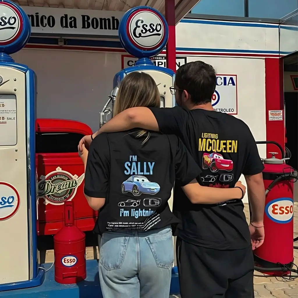 

Disney Pixar Movie Cars T-shirt Couple Mens Womens Lightning Mcqueen Sally Oversized Y2k T-shirts Double-sided Printed Clothing