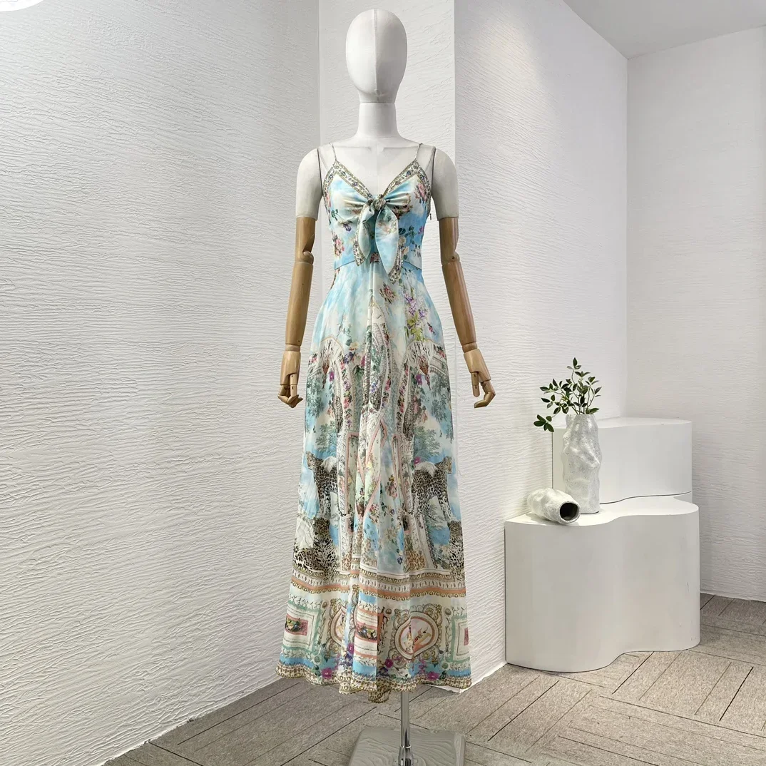 

Silk 2024 New Diamonds Light Blue Floral Print Sleeveless Bow Sleeveless White Women Re-tro Spaghetti Dress