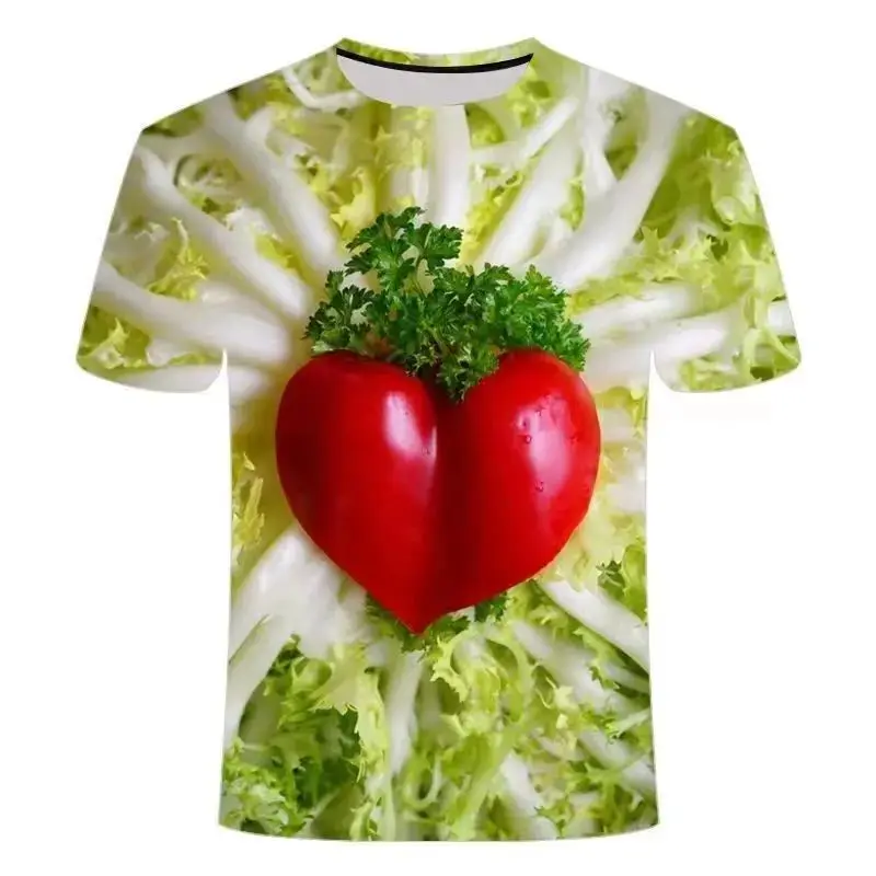 Summer Men Vegetable Pepper Fruit Pattern 3d Digital Print O Collar Short Sleeve Loose Comfortable Street Fun Plus Size Top