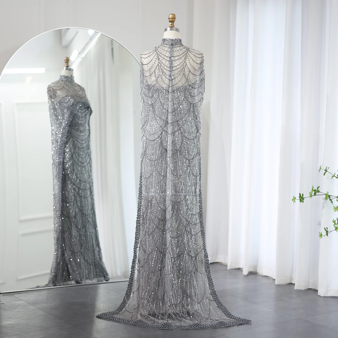 Sharon Said Luxus-Perlen Dubai Champagner Meerjungfrauen-Abendkleider mit Cape-Ärmeln Arabisches Hochzeits- und Abschlussballkleid SS369 Maßanfertigung – Detail 30
