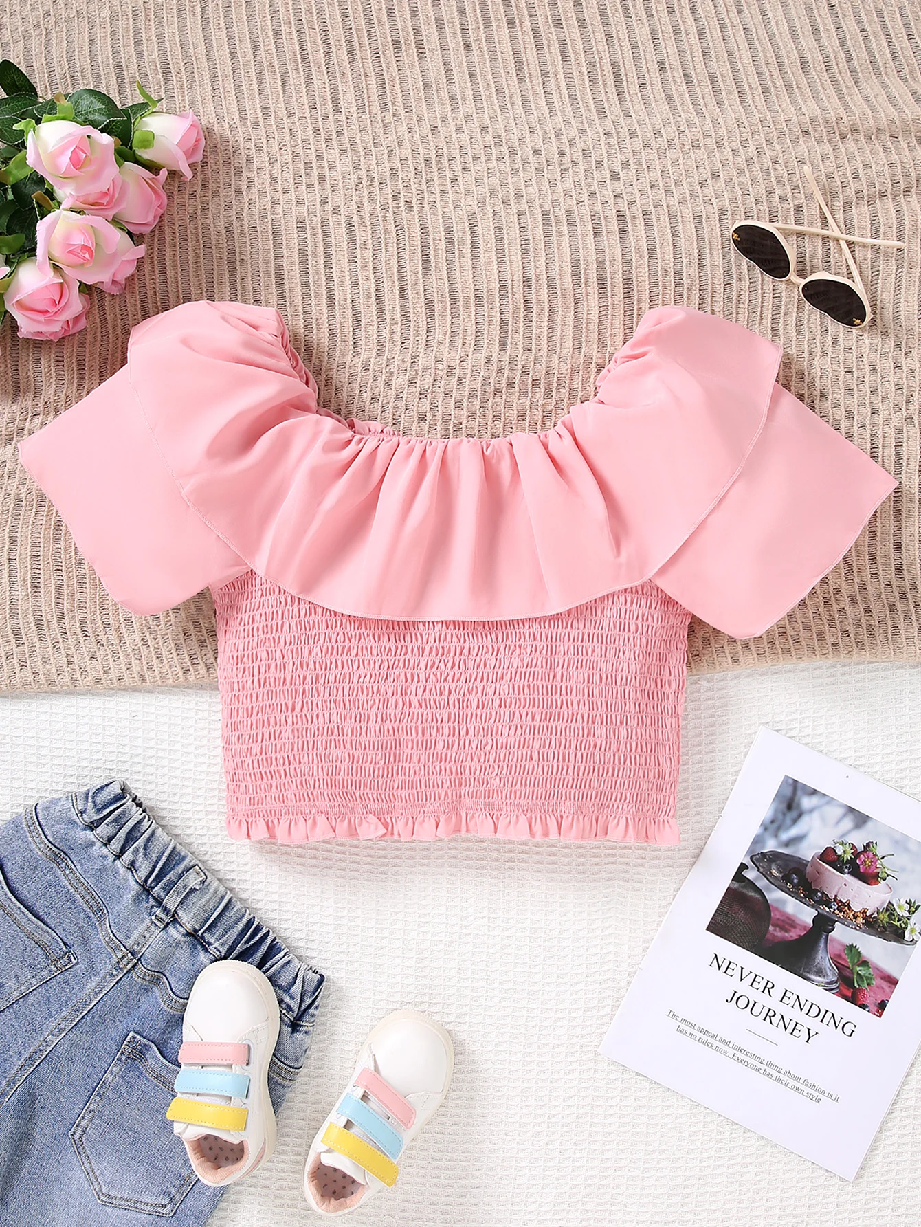 Summer New Girls' Ruffled One Neck Off Shoulder Short Sleeved Shirt With Pleats Slim Fit And Slimming Effect Short Shirt