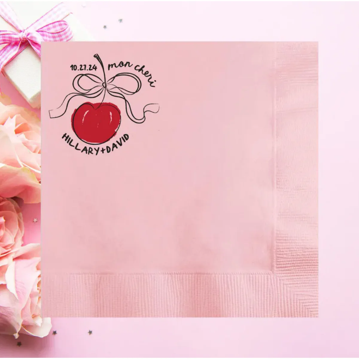Mon Cheri with Red Cherry Whimsical Hand Drawn Bow Personalized Wedding Napkins, Vow Custom Paper Napkin, Engagement Party, Rehe