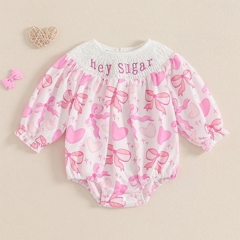 

Listenwind Baby Girl Spring Romper Classic Long Sleeve Bow Print Letter Embroidery Smocked Bodysuit Newborn Playsuit