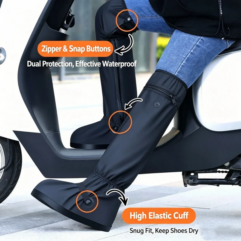 60 cm hohe, verdickte, wiederverwendbare, wasserdichte Überschuhe für Radfahrer – rutschfester Schuhüberzug für Regen, Schnee und nasse Schuhe – Detail 14