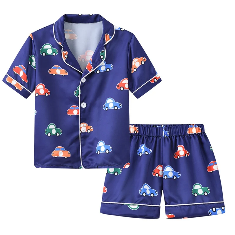 1-6T Summer Children Pajamas for Boys and Girls Sleeping Clothes Sets Cute Cartoon Printed Ice Silk Shirt Top + Pants Sleepwear