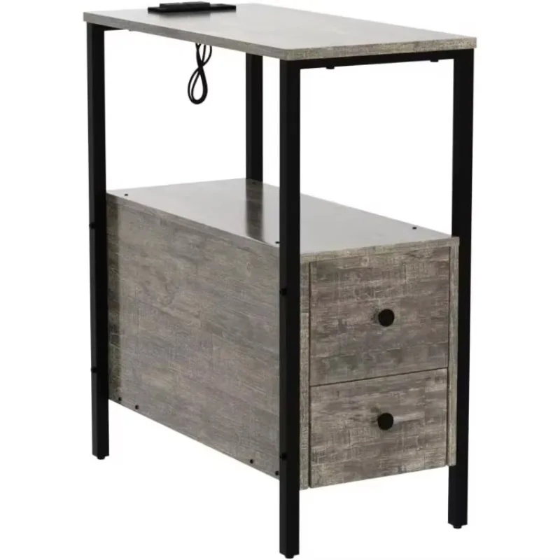 Dark Rustic Style End Table With Charging Station Narrow Side 2 Wooden Drawers Livingroom Vintage  Cabinet