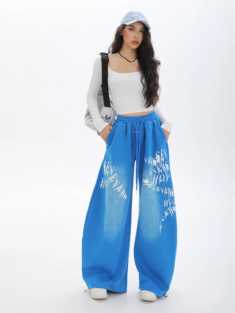 

Street Style Wide Leg Pants Women Loose Drapey Dance Pants Blue Casual Sweatpants Letter Print High Waist Cotton Blend