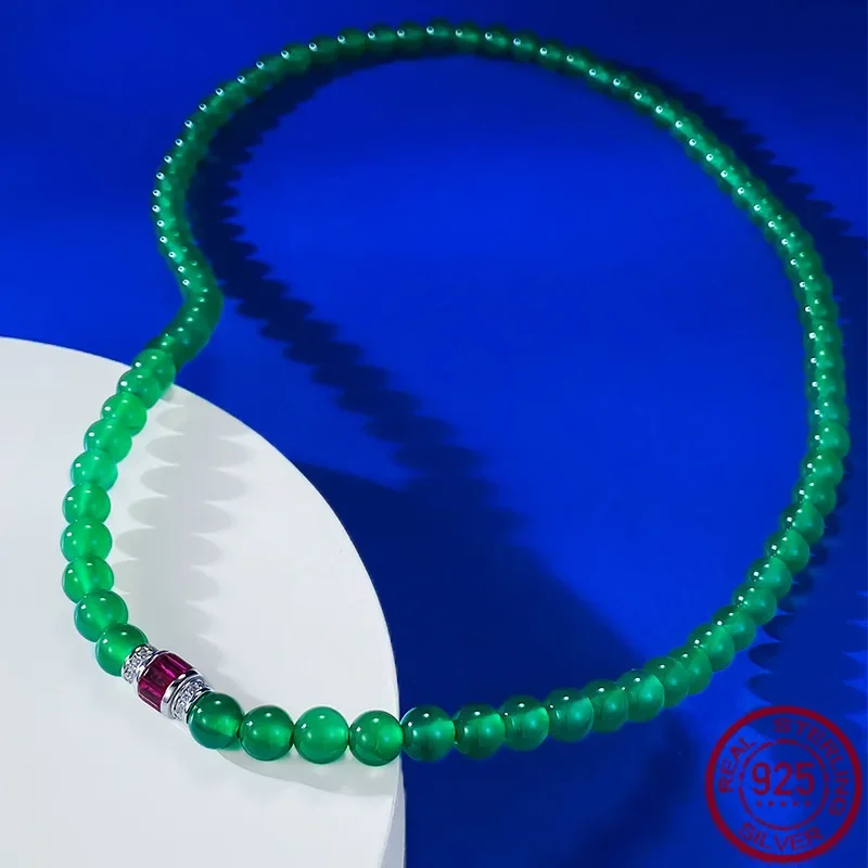 925 Silver Treasure Green Jade Marrow Bead Set Pendant Versatile 6.0mm Full Chain Necklace 50cm marry Jewelry