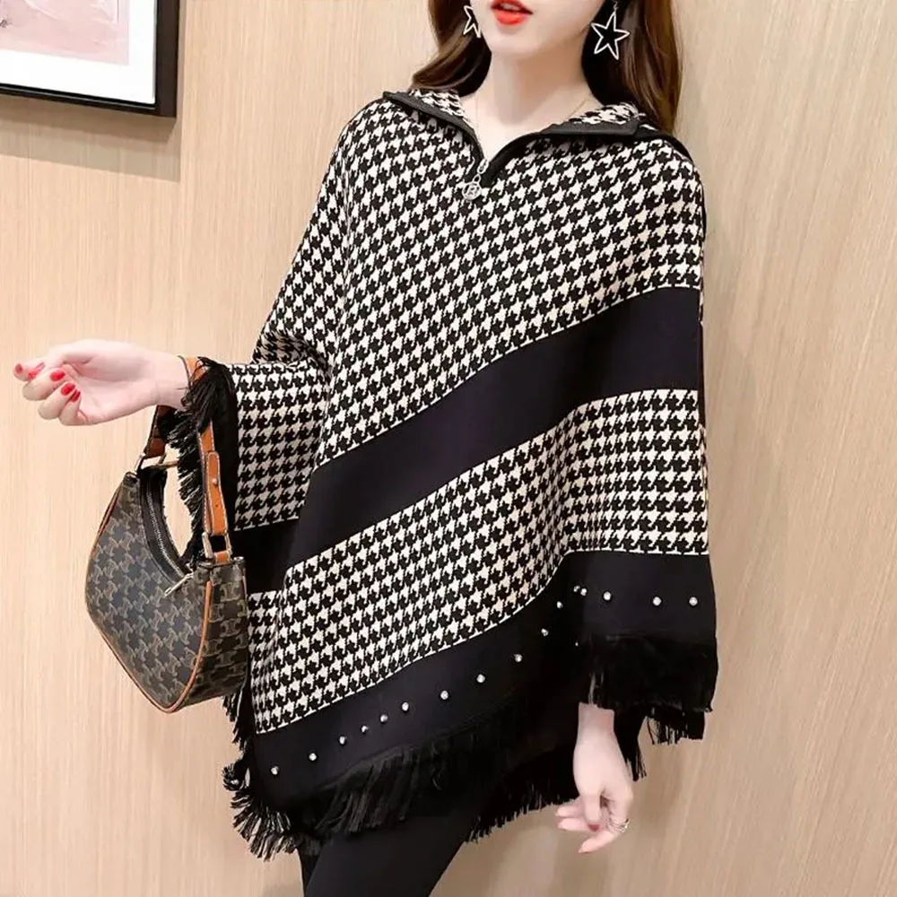 Autumn Winter Diamond Women\'s Poncho Tops Fashion Plaid Tassel Cape Pullover Bat Type Sweater Irregular Cloak Knit Jumpers Shawl