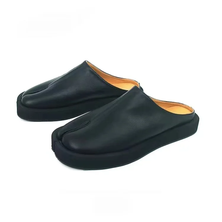 

Мужские туфли-лодочки с раздельным носком, кожаные удобные повседневные тапочки с круглым носком на плоской подошве и открытой спиной, черные женские тапочки