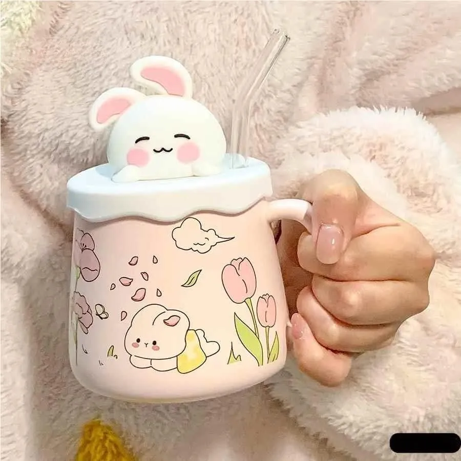 かわいいウサギのストロー付きセラミックマグカップ、高審美価値の水飲みカップ、子供や女性への誕生日プレゼント、家庭用、蓋なしマグカップ
