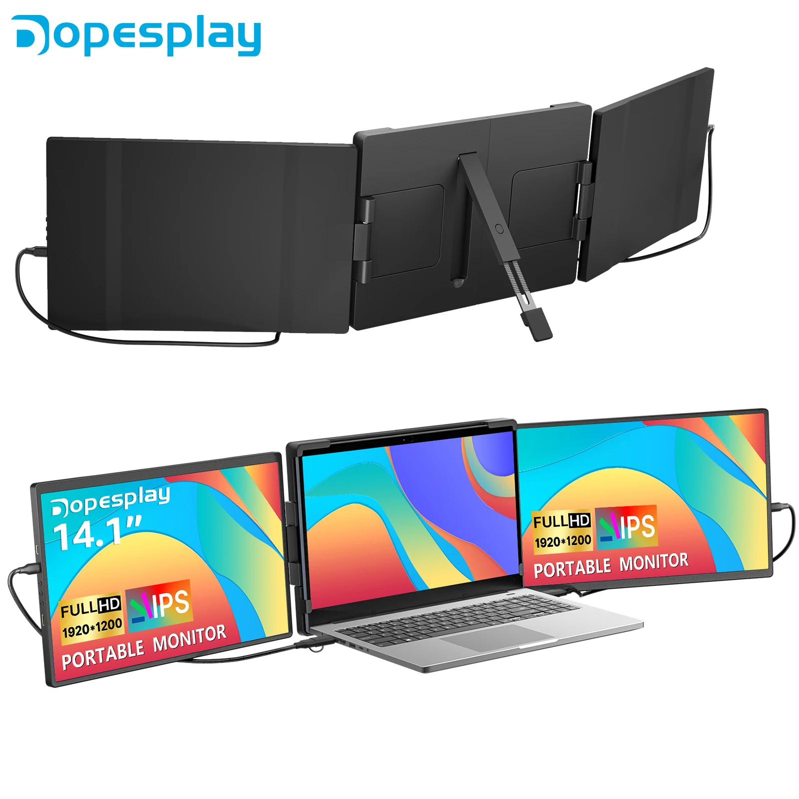 

Dopesplay 14.1" Triple Portable Monitor For Laptop 1200P FHD IPS Extender Screen Type-C USB For PC Switch Mac Laptop Up to 17.3“