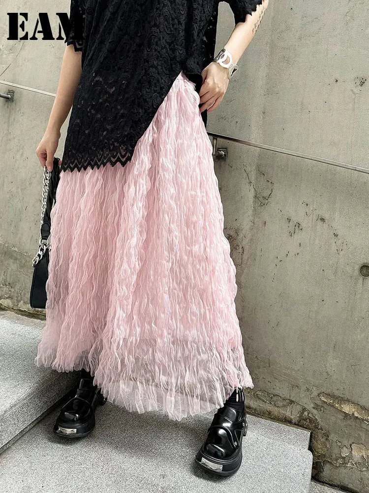 [EAM] High Elastic Waist Black Pleated Mesh Casual A-line Half-body Skirt Women Fashion Tide New Spring Autumn 2024  1DH5148