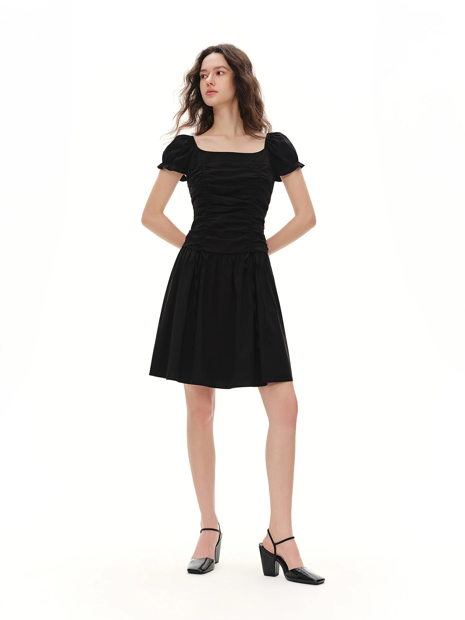 DUSHU Women's French Style Square-Round Neck Dress Puff Sleeve Ruched Design Party Slim Fit Dress Figure-Friendly Multi-Size