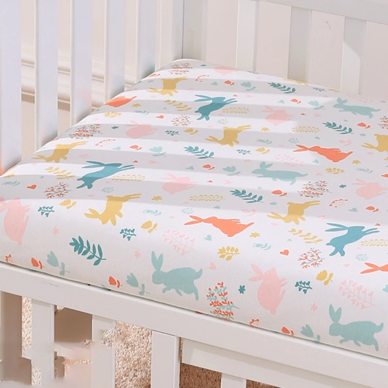 F19F Baby Fitted Sheet Newborn Cotton Soft Crib Bed Sheet Children Mattress Cover Protector Cartoon Printed Cot Pad Cover