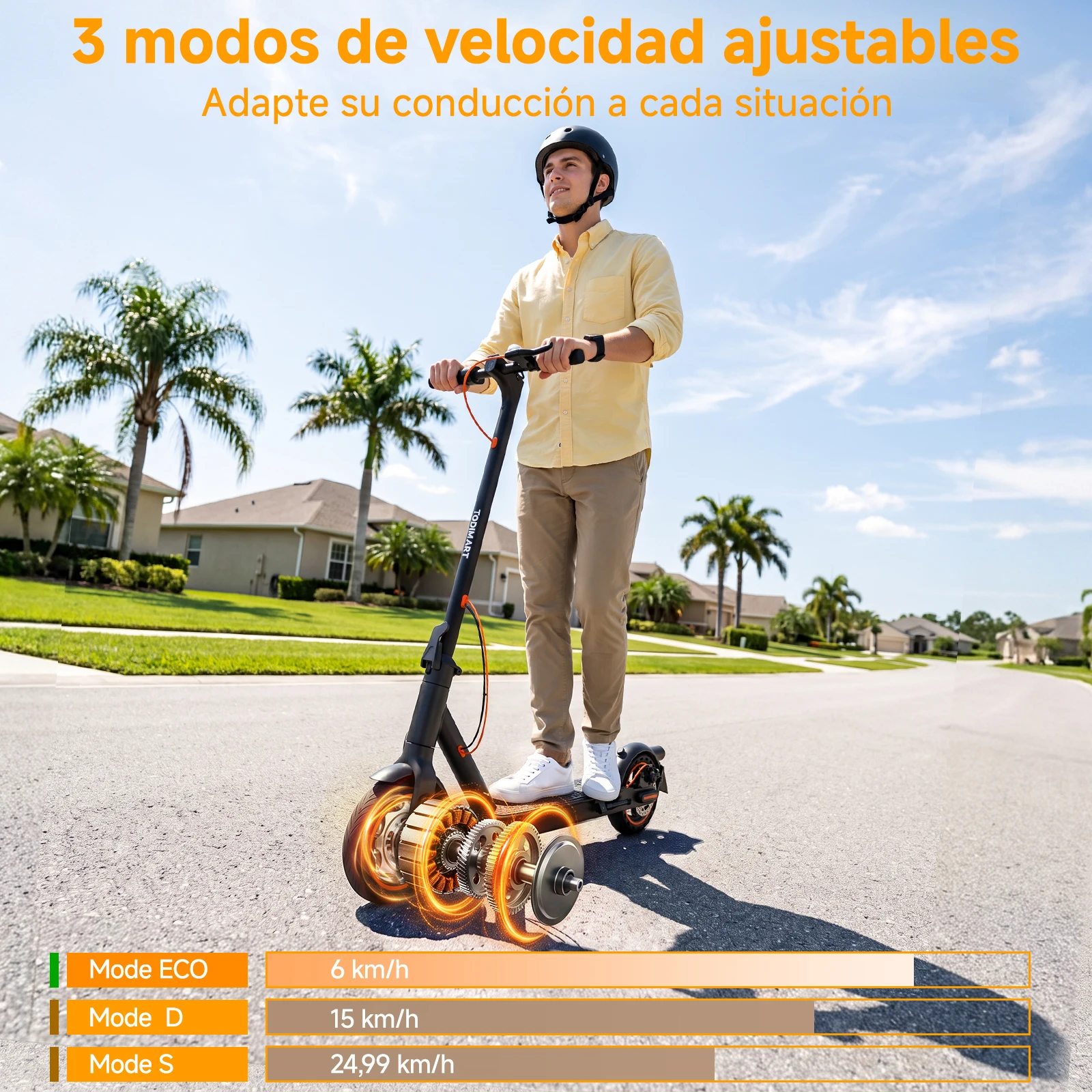 TODIMART T3: patinete eléctrico para adultos, con una autonomía de 25 a 30 km, velocidad máxima de 24,99 km/h, diseño plegable, control mediante aplicación, neumáticos sólidos de 8,5 pulgadas con estructura de panal y doble sistema de frenos. Patinete eléctrico para adultos, ideal para desplazamientos urbanos.