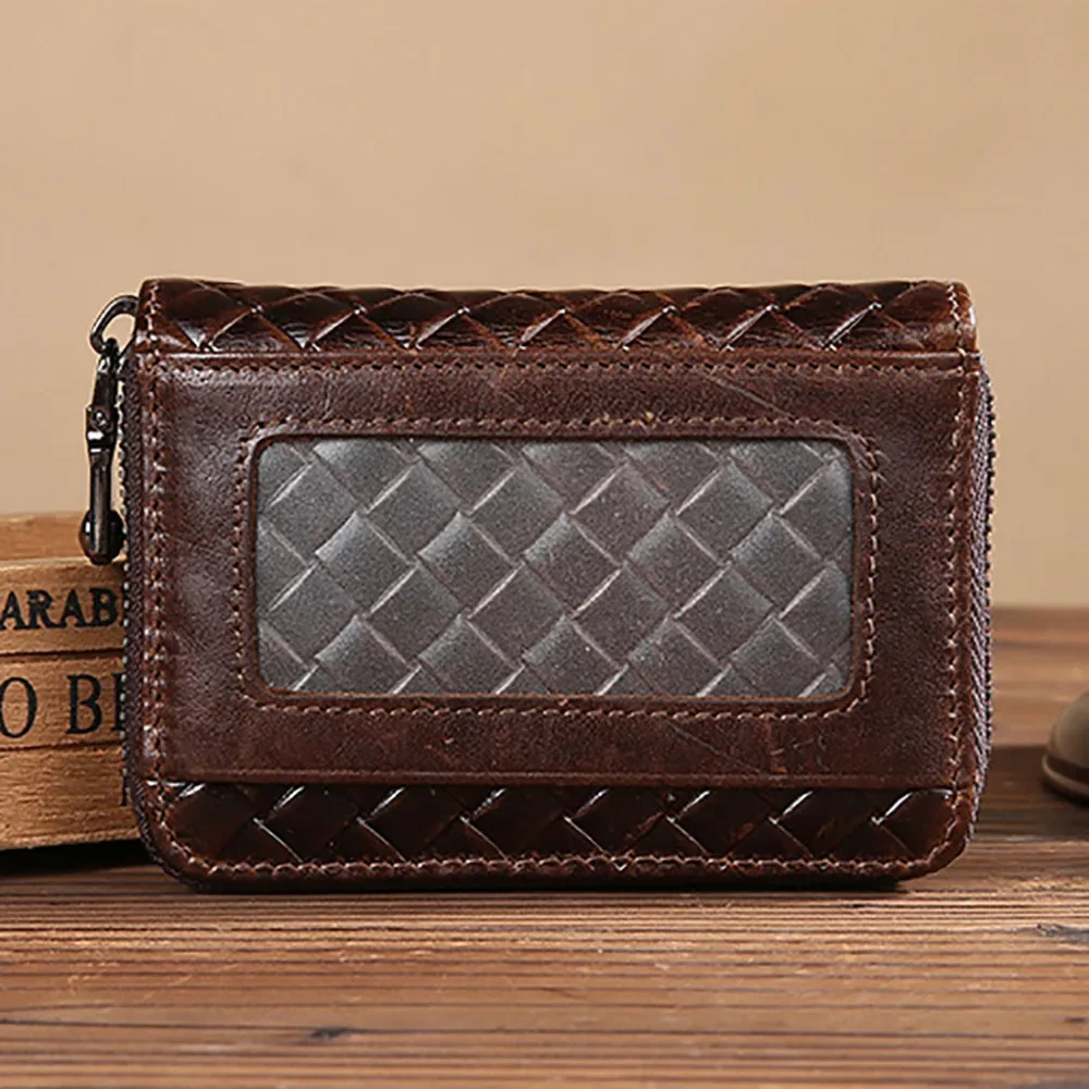 Portefeuille à deux volets en cuir de vachette pour homme, porte-cartes d'identité et de crédit, vintage, fermeture éclair, porte-monnaie, cuir véritable, mini pochette, huile, avertir