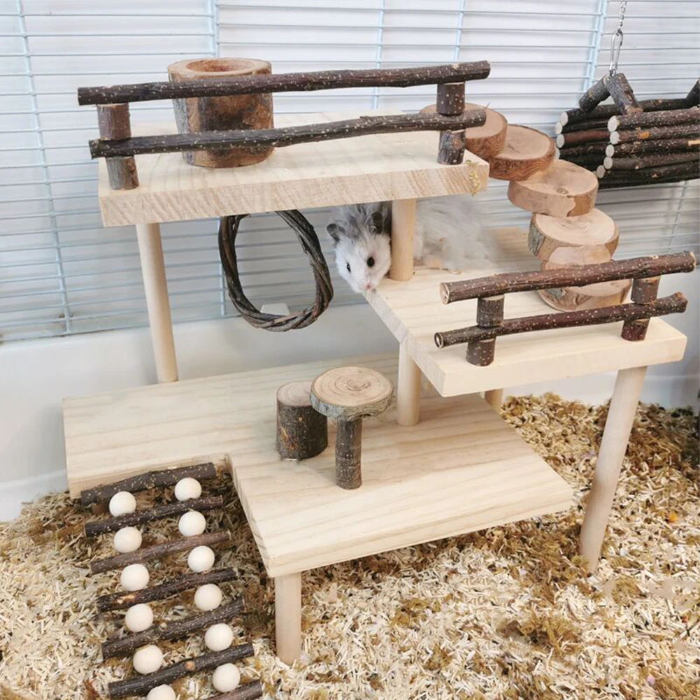 

3-Tier Wooden Hamster Platform With Rotatable Angle Ladder Bridge Fence Small Animals Playground Climbing Toy For Squirrel