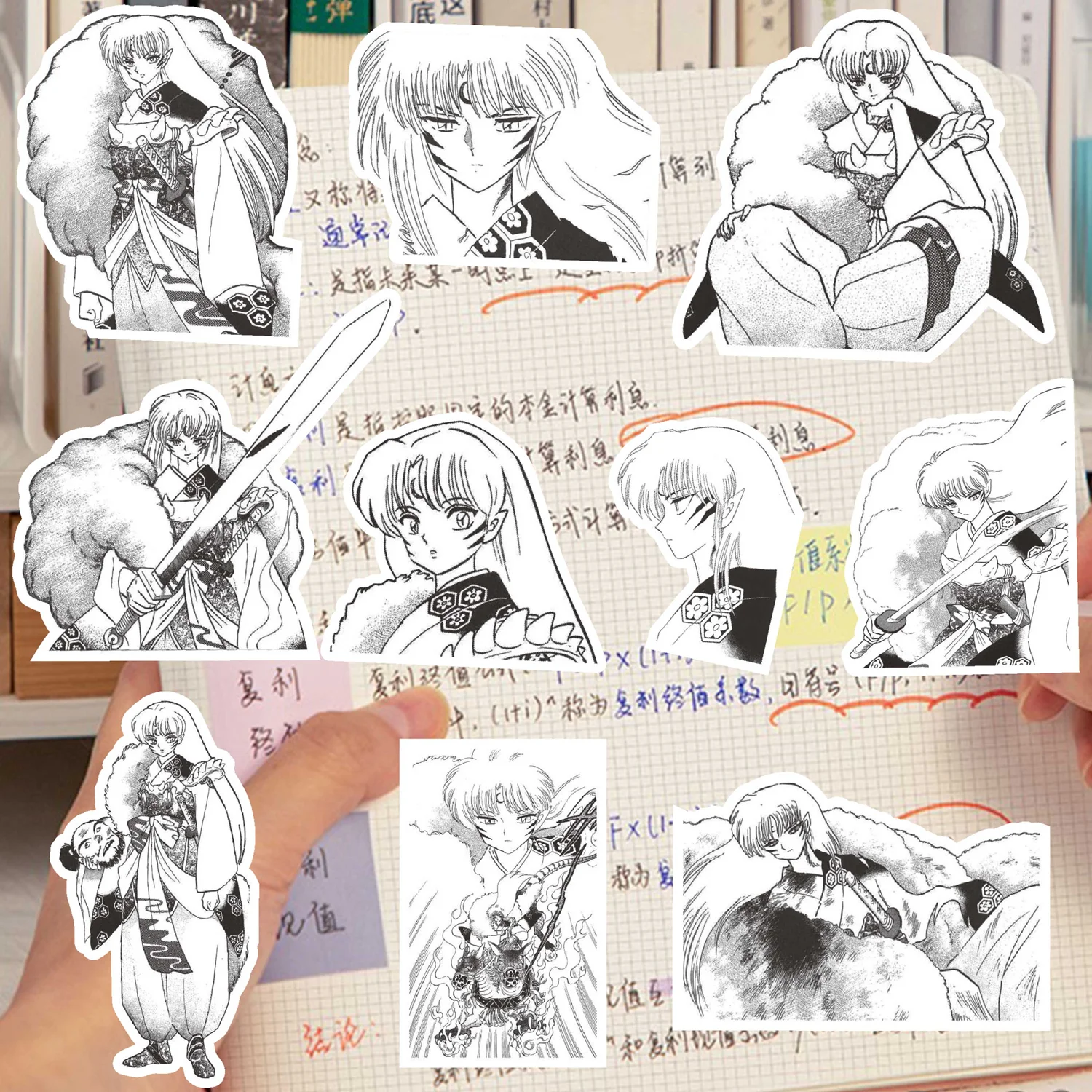Inuyasha stiker buku gambar hitam dan putih, stiker dekorasi buku pegangan grafiti papan luncur, cangkir air ponsel DIY 65 buah
