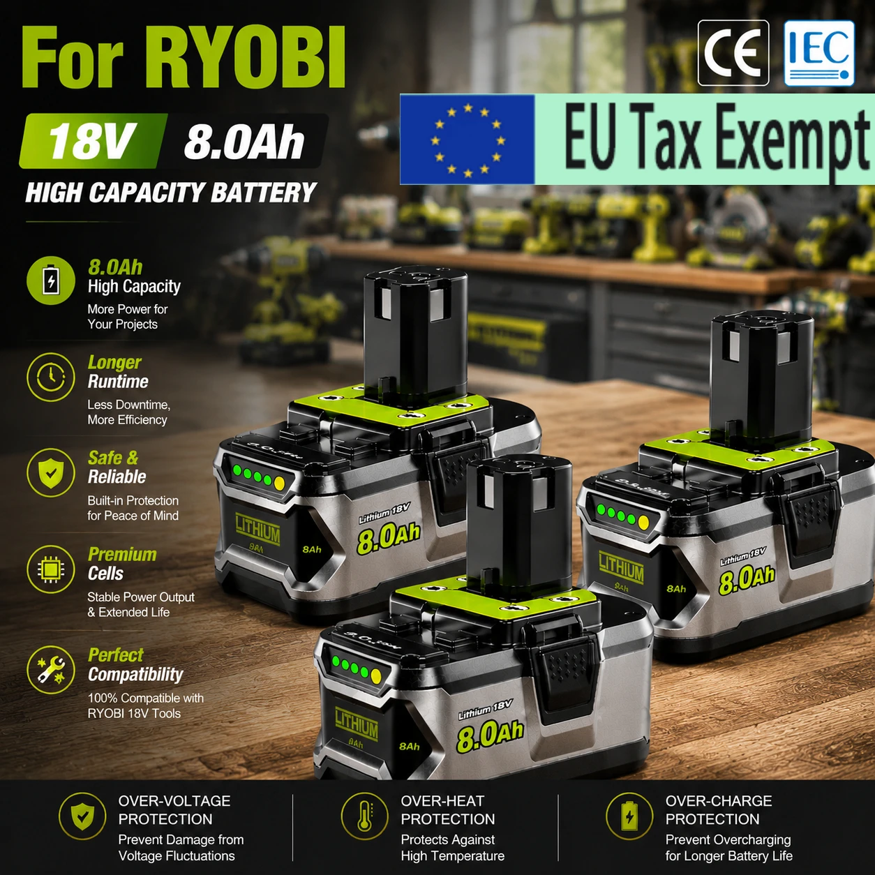 Für RYOBI Hochleistungs-Lithium-Akku 18V, kein Speichereffekt, geringe Selbstentladung, geeignet für alle Werkzeuge P108, P109