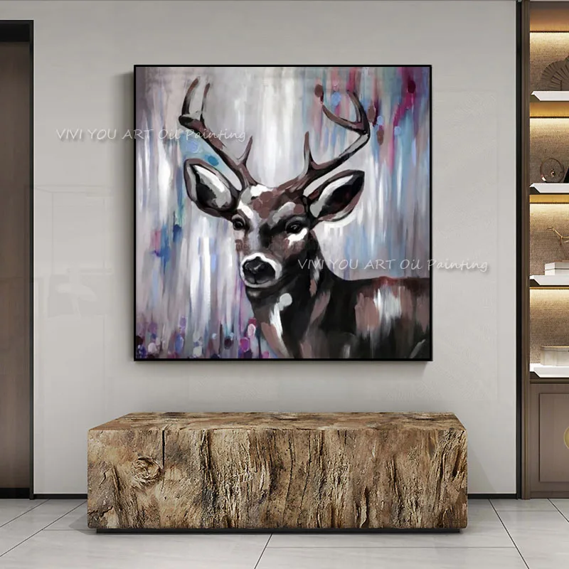 100% Handpainted Grey Deer Oil painting On Canvas Wall Pictures Wall Art for Home Decor Pictures Modern Abstract