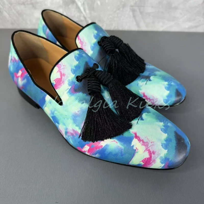 New Men's Satin Watercolor Tassel Loafers Colorful Pointed Toe Slip On Dress Shoes for Man Casual Blue Formal Flat Derby Shoes