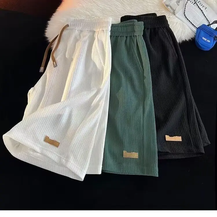 

Ультратонкие свободные шорты из ледяного шелка для мужчин, летние пляжные брюки длиной до колена с вышитым логотипом, повседневные прямые брюки