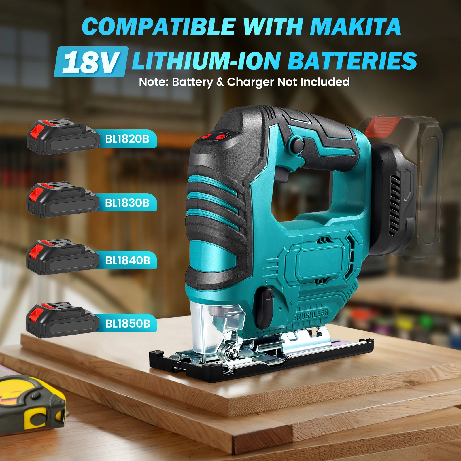 Akku-Stichsäge für Makita 18V Akku, elektrische Kurvensäge mit Linealführung ±45° °   Winkelschneider mit 3 Klingen für Holz/Kunststoff/Metall