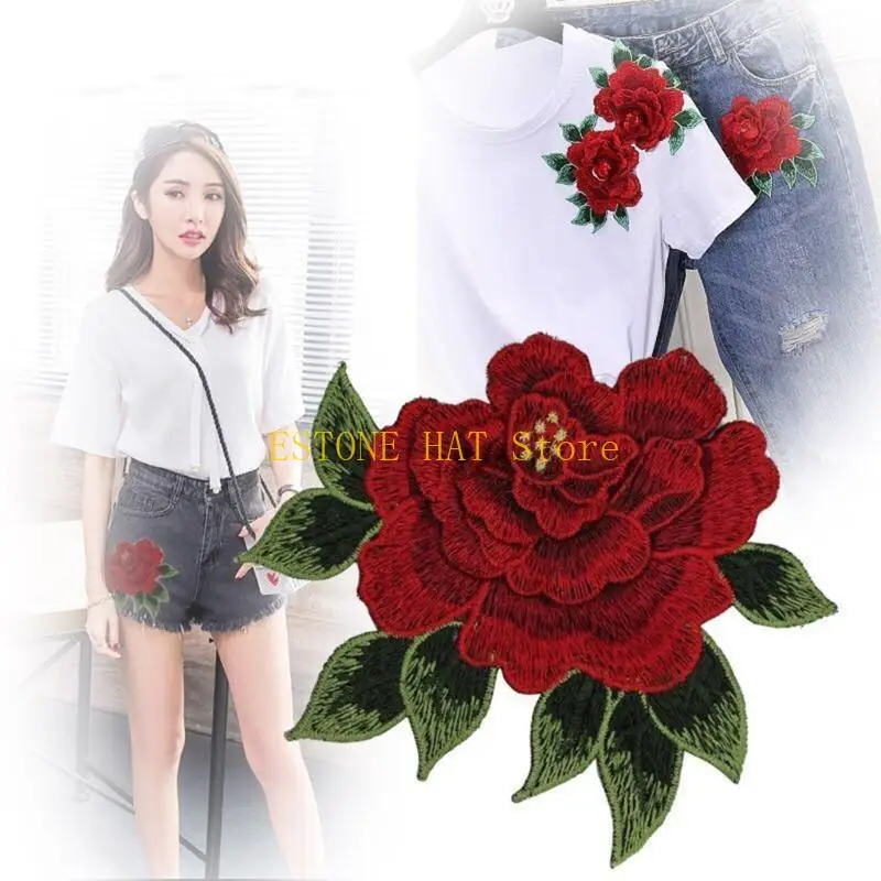 

49MF Floral Sewing Patches Elegant Flower Rose Applique for Decoration Oversized Appliques Sew on Dress Accessories