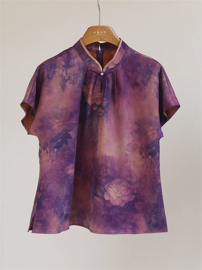 

Ретро-блузка из шелка для женщин, с вышивкой и эффектом окрашивания, из шелка «Облако», с воротником-стойкой, универсальный топ K5009