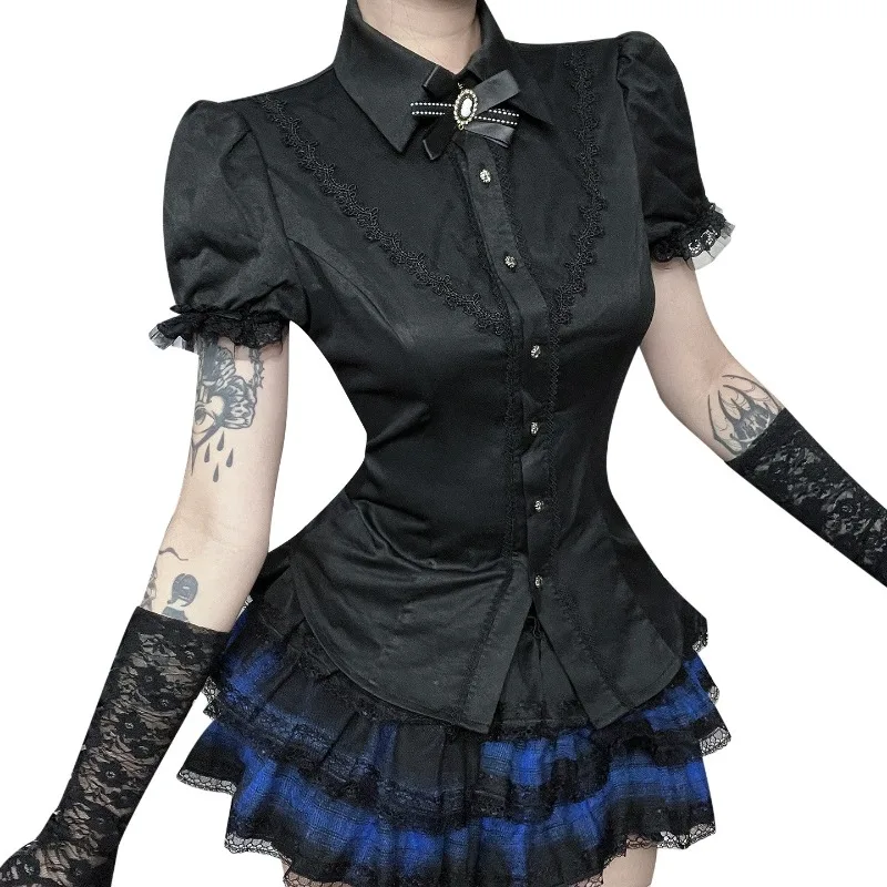 2025 New Vintage Sexy Dark Harajuku Short Sleeve Lace Patchwork Shirt Women's Techwear Gothic Button Slim Blouse Shirt Cute Tops