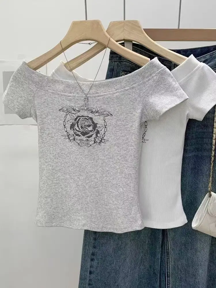 Sexy Rose Print Off Shoulder T Shirt Women Summer Short Sleeve Slim Fit Crop Top