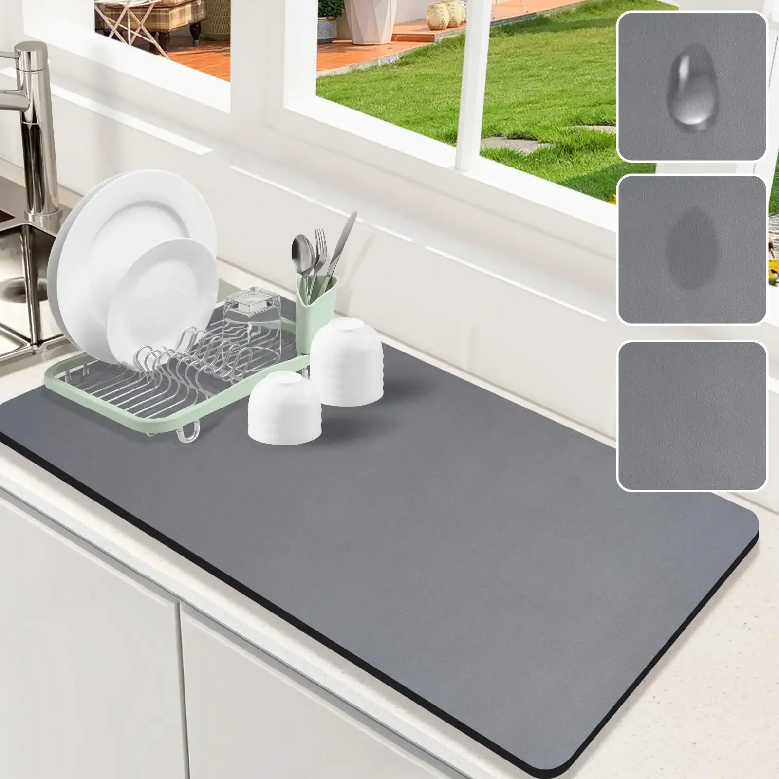 Diatomaceous Earth Dish Drying Pad with Non-slip Rubber Backed Anti Absorbent for Kitchen Counter