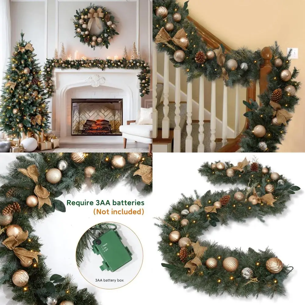 

Prelit Gold Christmas Garland with Lights for Indoor and Outdoor Holiday Decor, Battery Operated
