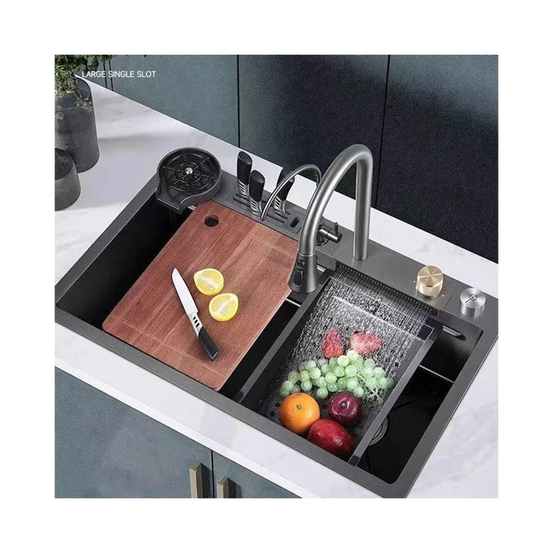 304 Stainless Steel Multi-Functional Single Bowl Kitchen Sink Waterfall Design Square Handmade Smart Features Mount Installation