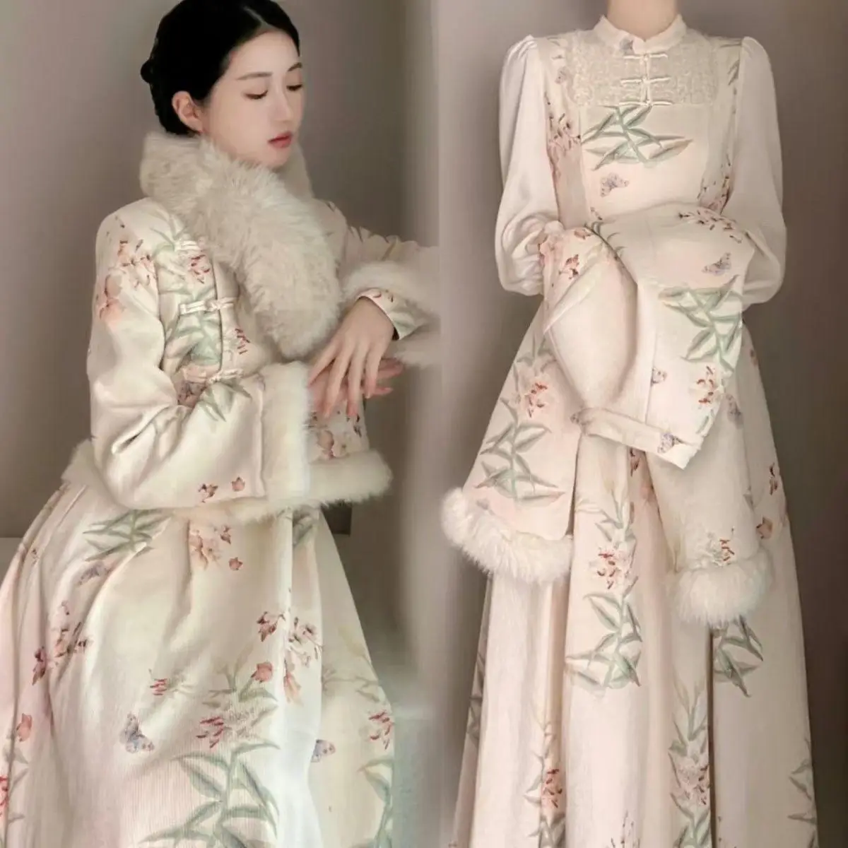 

Thickened Fleece Winter Fashion Set Women's New Year's Qipao Dress Long Sleeve Stand Collar Two-Piece Suit Chinese Style