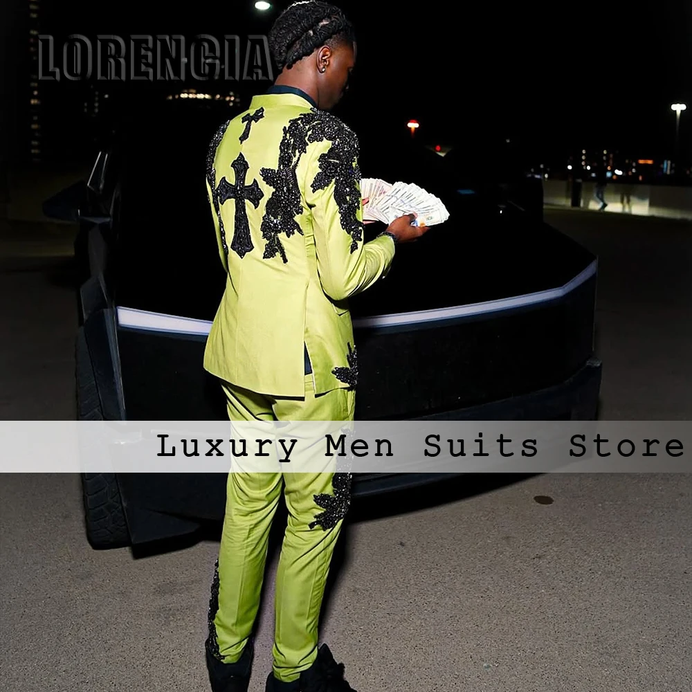 Setelan Pria Kristal Berkilau 2 Potong Tuksedo Ramping Pakaian Perjamuan Pernikahan Celana Blazer Kustom Pakaian Pria Zomerset Heren