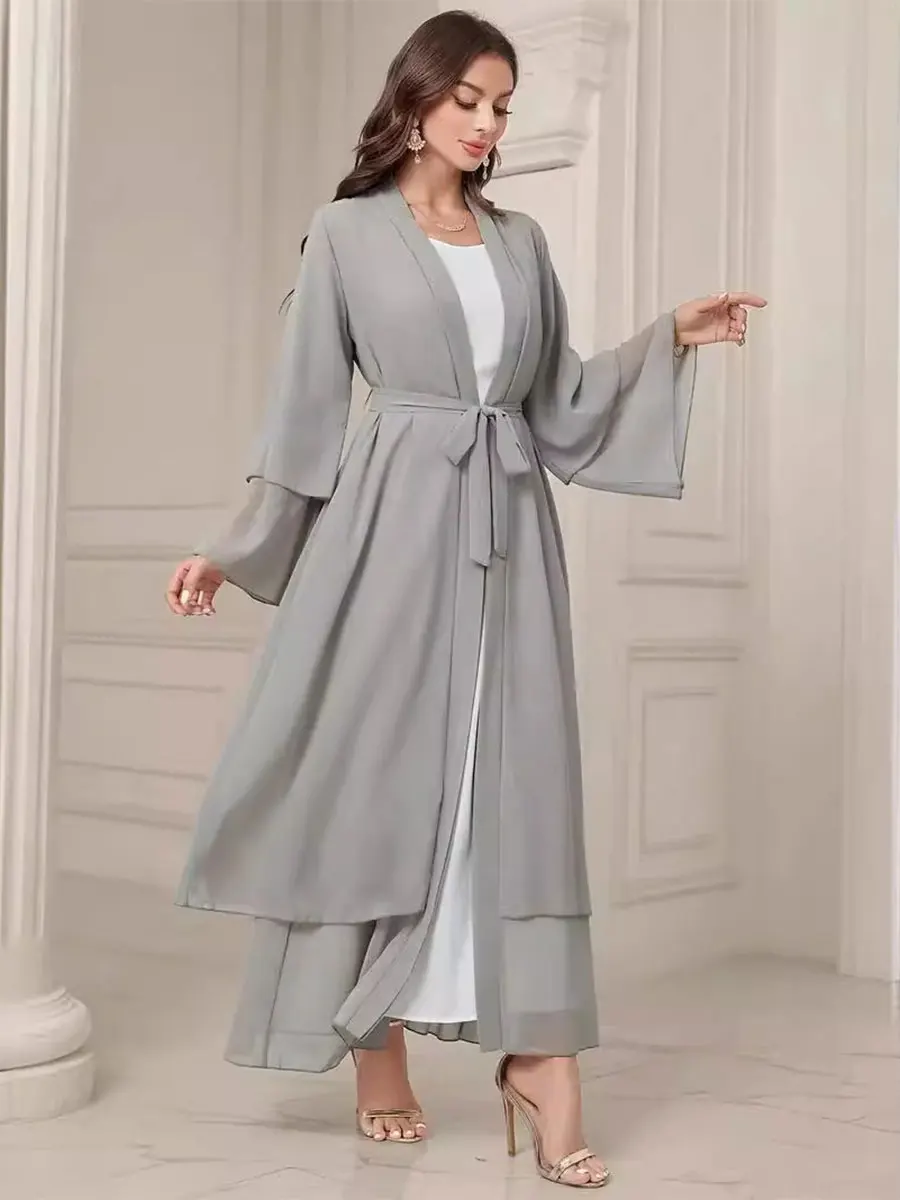 Fashion Muslim Solid Open Abayas With Belt Double Layer Chiffon Women\'s Robe Moroccan Dubai Saudi Elegant Loose Kebaya Dresses