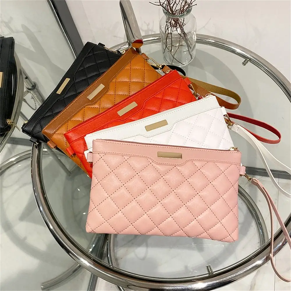 Stylish Wristlet Bag PU Leather Envelope Purse Chain Shoulder Crossbody Handbags Portable Party Clutch Bags Pure Color Wallet