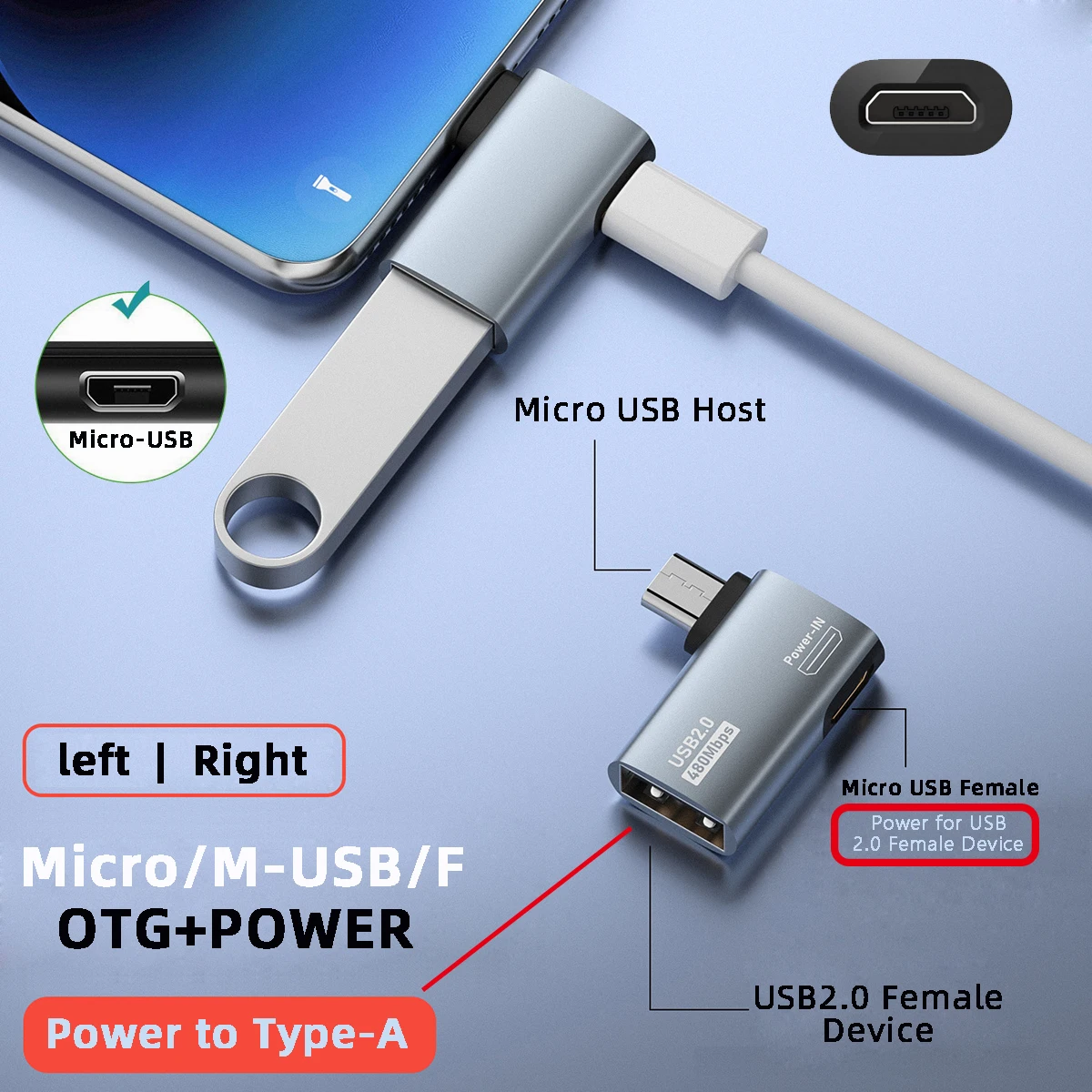 Câble Micro USB 2.0 vers Type-A femelle OTG, adaptateur hôte, 480Mbps, pipeline 5V, résistant à 90 degrés, angle droit avec alimentation USB pour téléphone et tablette