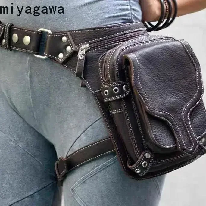 Miyagawa Retro Style PU Punk Waist Leg Bag Motorcycle Shoulder Bags Men Women Outdoor Rivet Faux Leather Packs