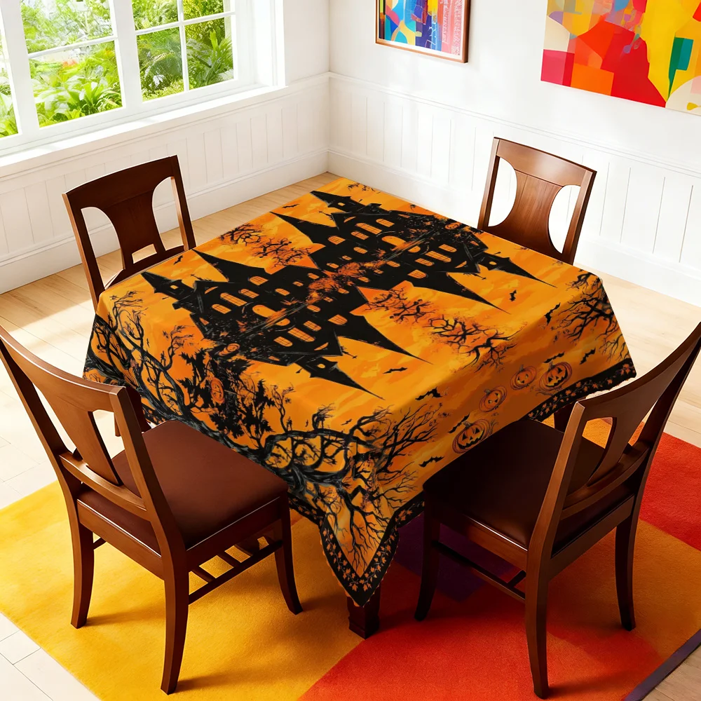 1pc Halloween Dark Castle Pumpkin Tablecloth - Sinister Castle,Tree, Bat Patternzyc