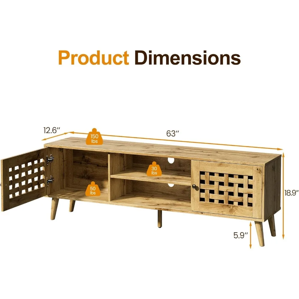 Supporto TV in rattan con design scanalato per TV da 65 pollici - Centro di intrattenimento portaoggetti, mobile console multimediale