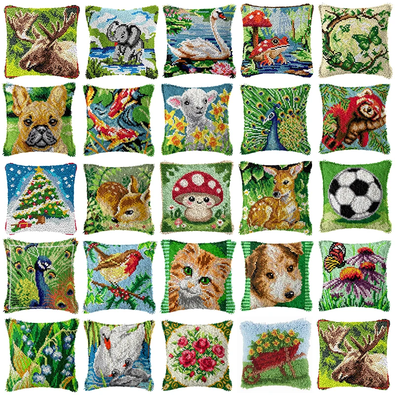 Green Animal Series Latch Hook Kit Mats Cushion Pillow DIY Crafts Needlework Button Package Cushion Embroidery Latch Hook Decor