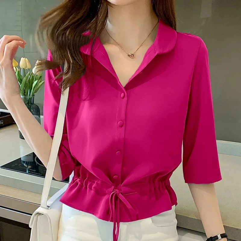 Women\'s Short Sleeve All-match Chiffon Blouse Drawstring Lacing Thin Solid Color Loose Short Shirt Tops Office Fashion Clothing